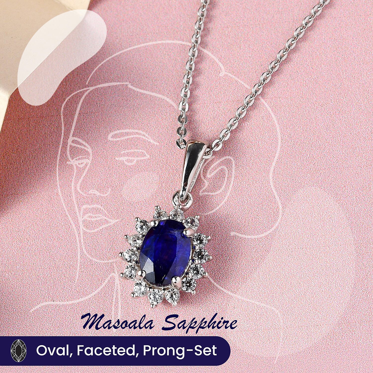 Masoala Sapphire and Natural Cambodian Zircon Halo Pendant with Chain (Size - 20) in Platinum Overlay Sterling Silver 1.35 Ct